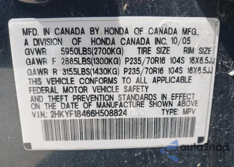 2006 Honda Pilot Ex from USA, damaged, VIN 2HKYF18466H508824